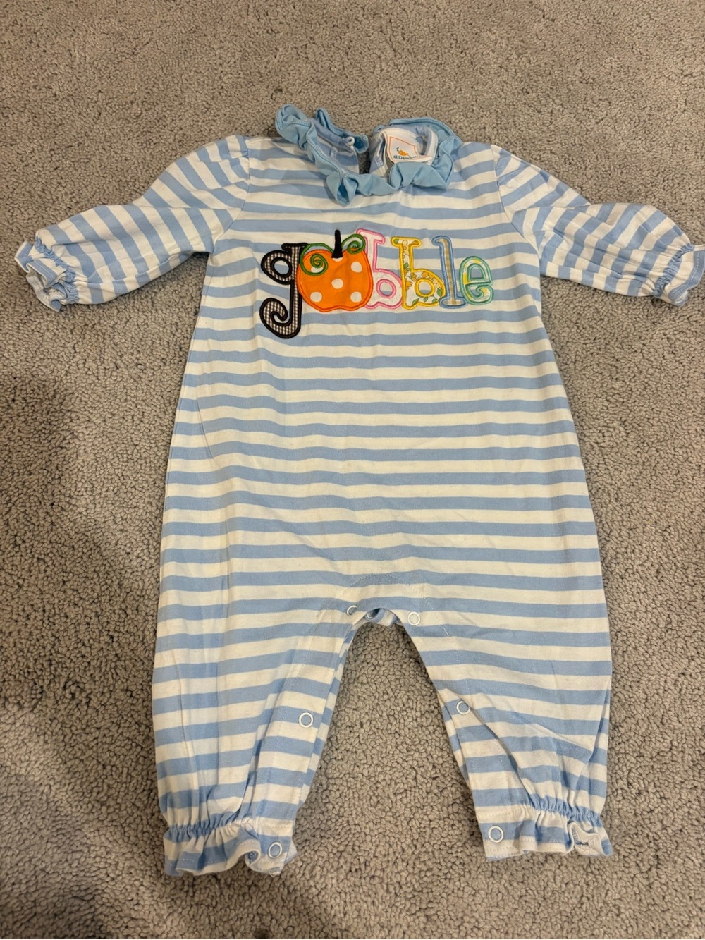 Girls Blue & White Stripe 'Gobble' Ruffle Neck Footie
